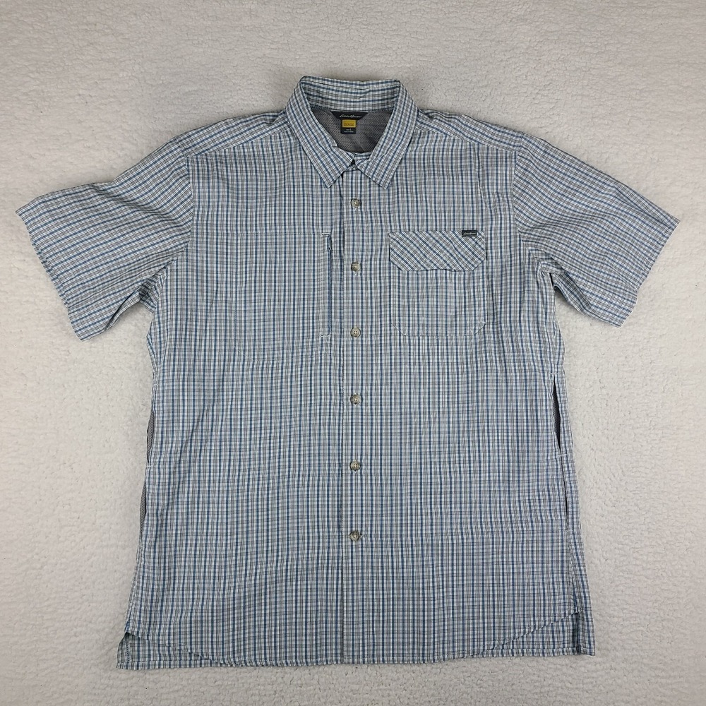 Eddie Bauer TraveX Shirt Mens Large Blue Black Plaid Vented Button Up GC